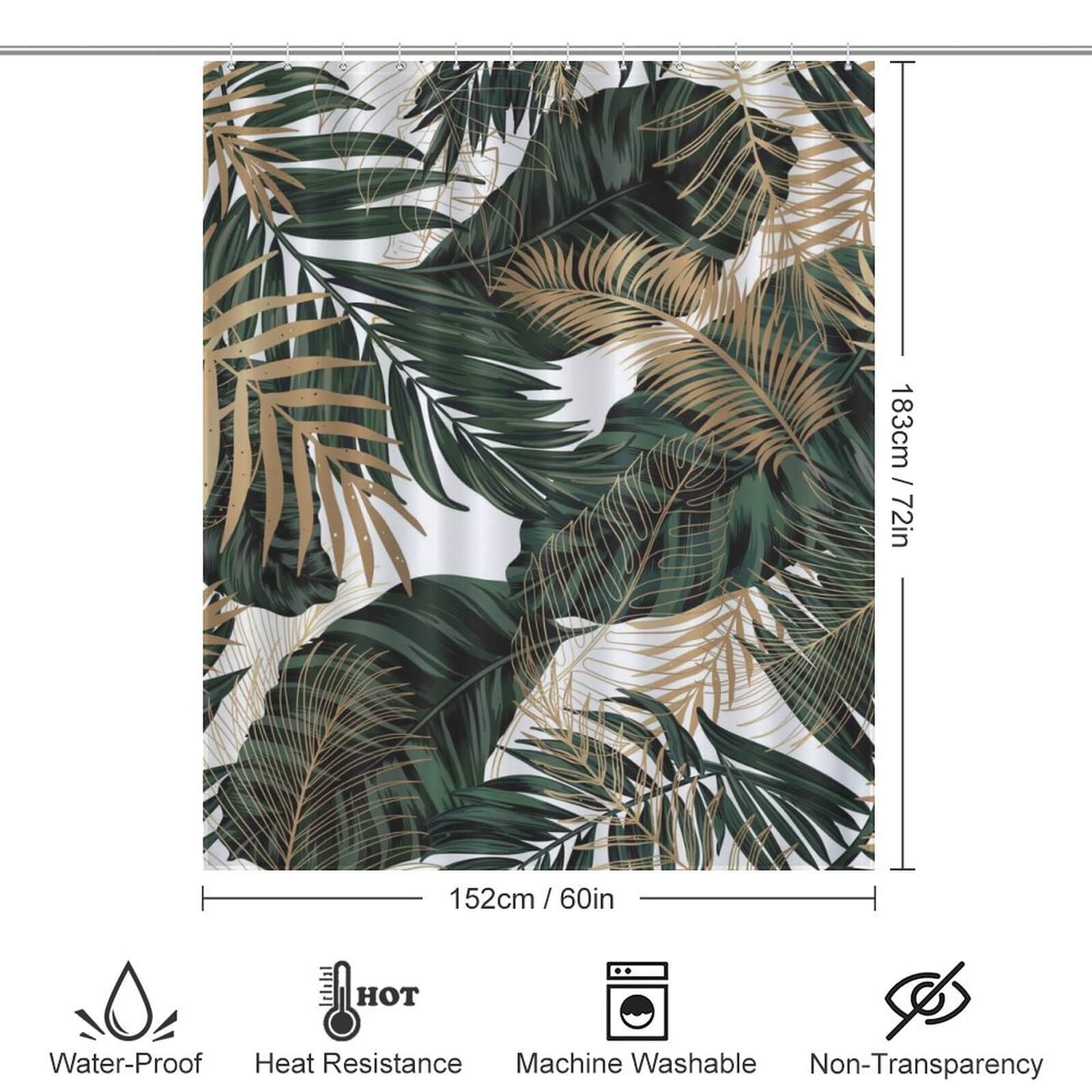 A Tropical Leaves Jungle Shower Curtain by Cotton Cat, with measurements, perfect for bathroom decor.