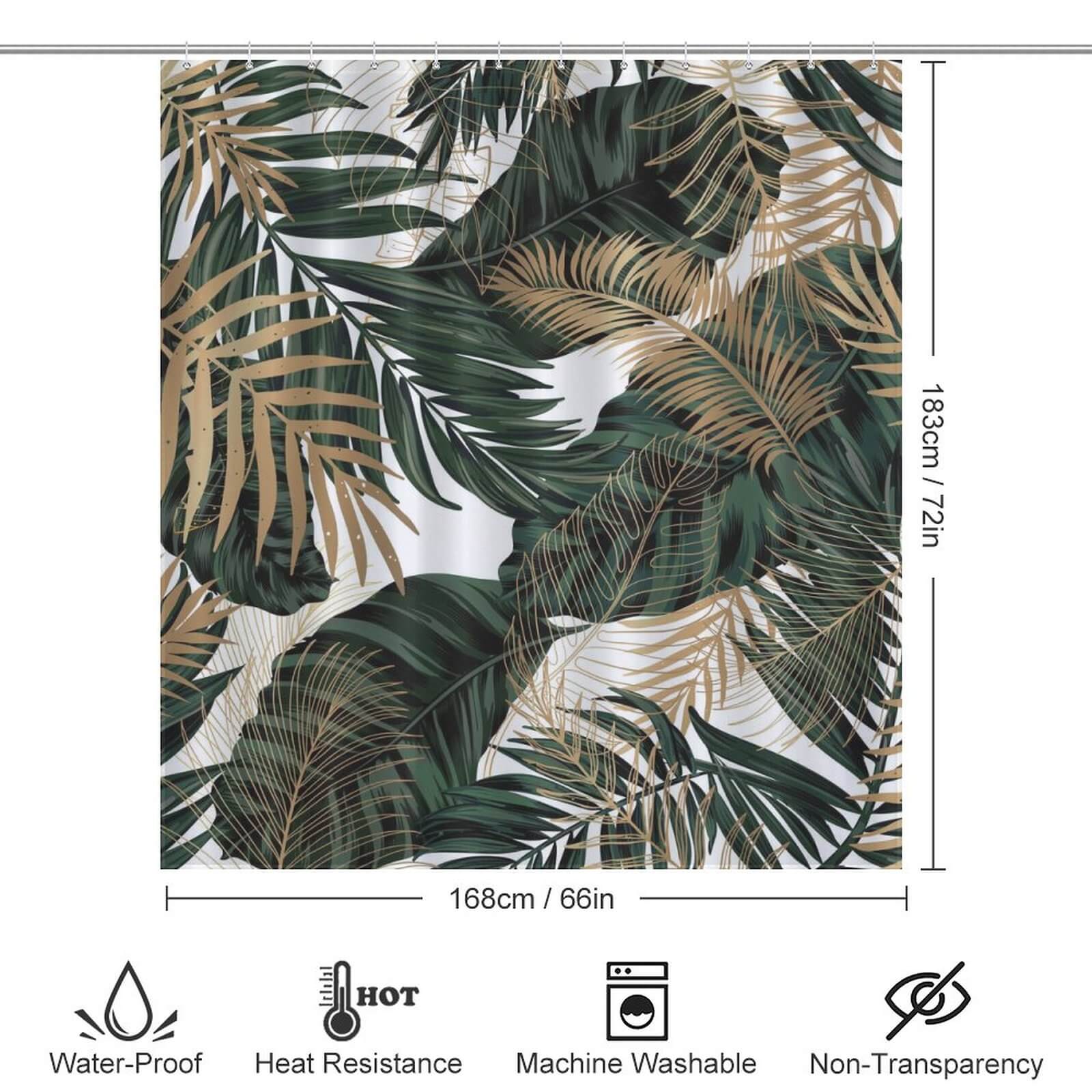 A waterproof Tropical Leaves Jungle shower curtain with measurements, perfect for bathroom decor from Cotton Cat.
