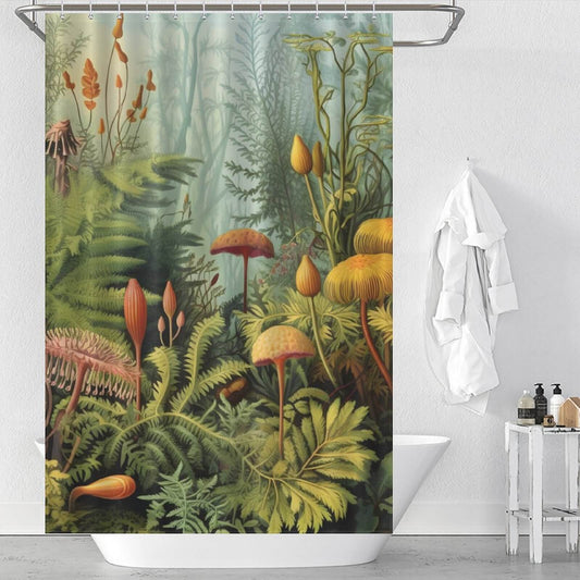 A Mushroom Jungle Shower Curtain with a painting of fungi and plants, made by Cotton Cat.