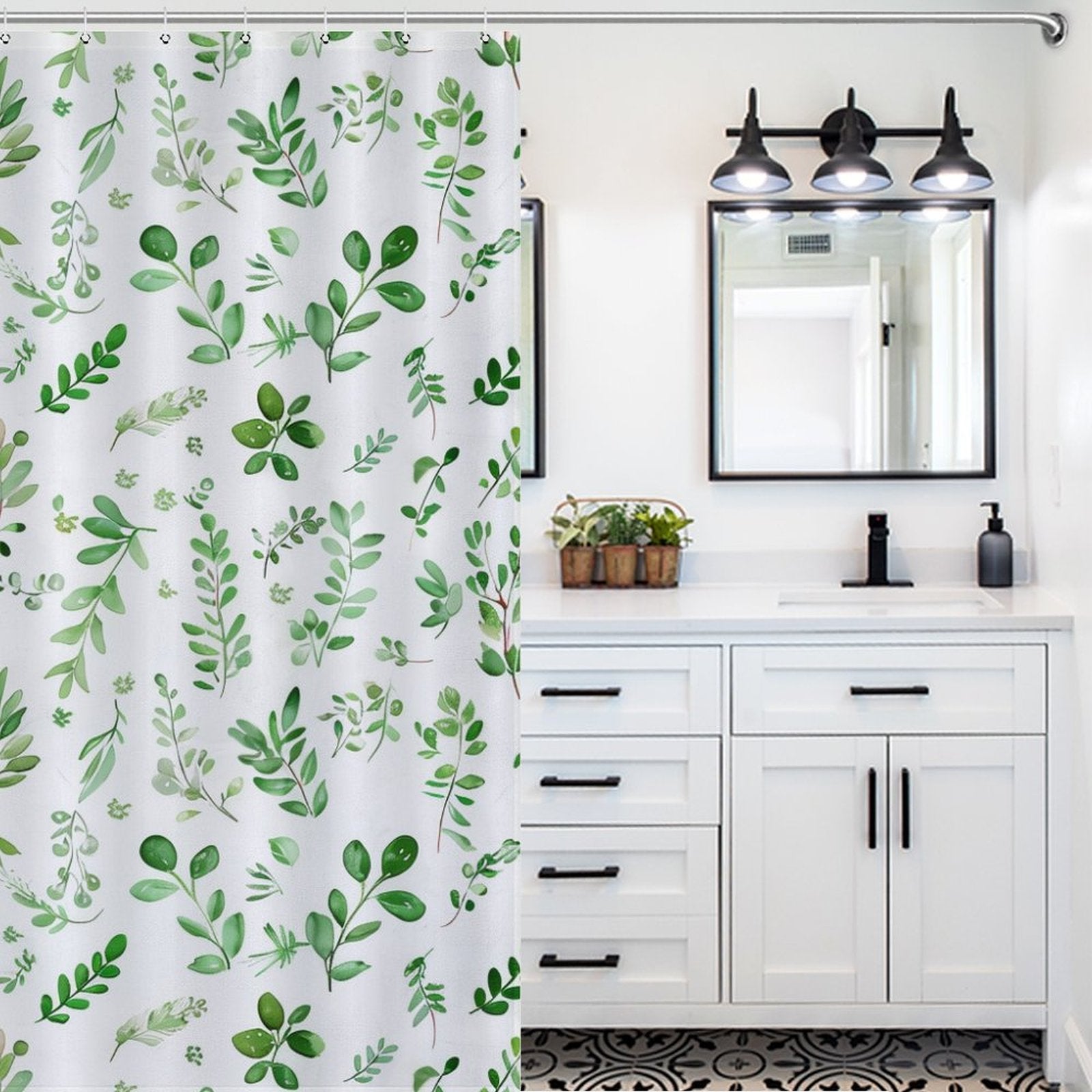 Minimalist Green Floral Boho Shower Curtain