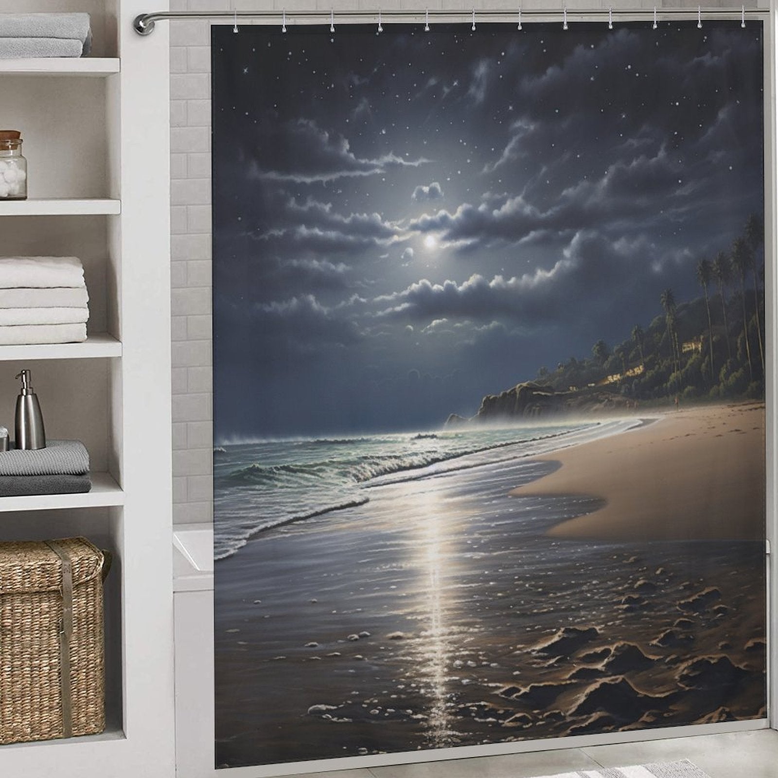 Moonlit Beach Shower Curtain Nautical Dream