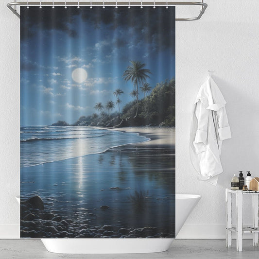 Moonlit Beach Shower Curtain Palm Breeze