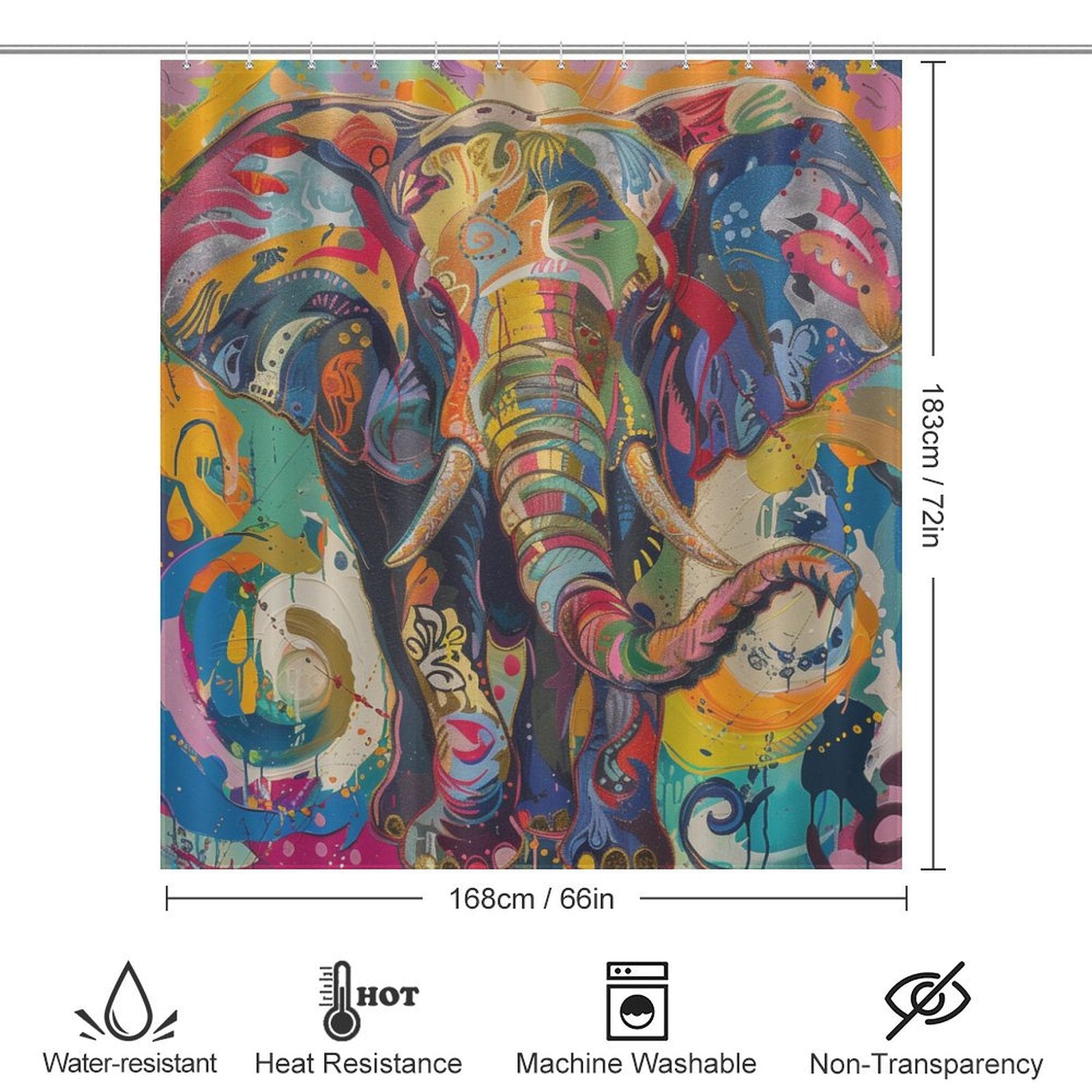 Add a splash of color to your bathroom decor with this Multi Colored Happy Elephant Shower Curtain-Cottoncat. Measuring 183 cm by 168 cm, this vibrant shower curtain is water-resistant, heat-resistant, machine washable, and non-transparent.