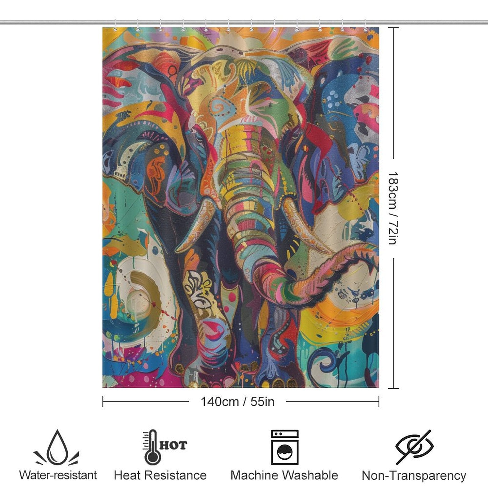 Brighten up your bathroom decor with this Multi Colored Happy Elephant Shower Curtain-Cottoncat by Cotton Cat, featuring dimensions of 183cm by 140cm (72in by 55in). This vibrant shower curtain is water-resistant, heat-resistant, machine washable, and non-transparent.