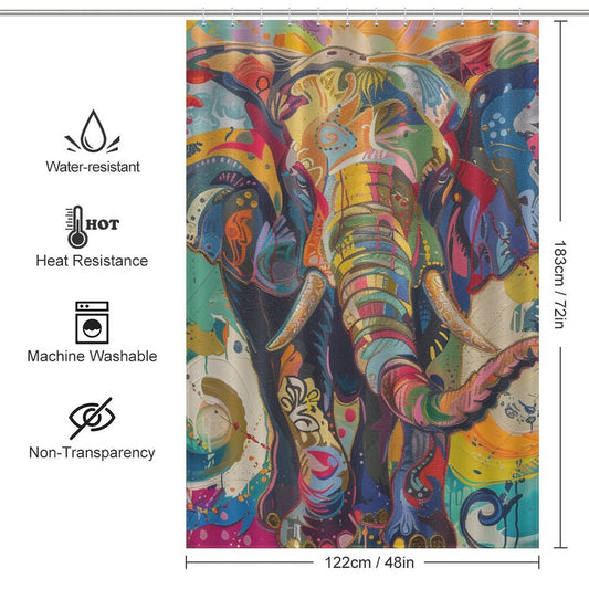 Brighten up your bathroom decor with the Multi Colored Happy Elephant Shower Curtain-Cottoncat by Cotton Cat. Measuring 122 cm x 183 cm (48 in x 72 in), it boasts water-resistance, heat resistance, machine washability, and non-transparency.