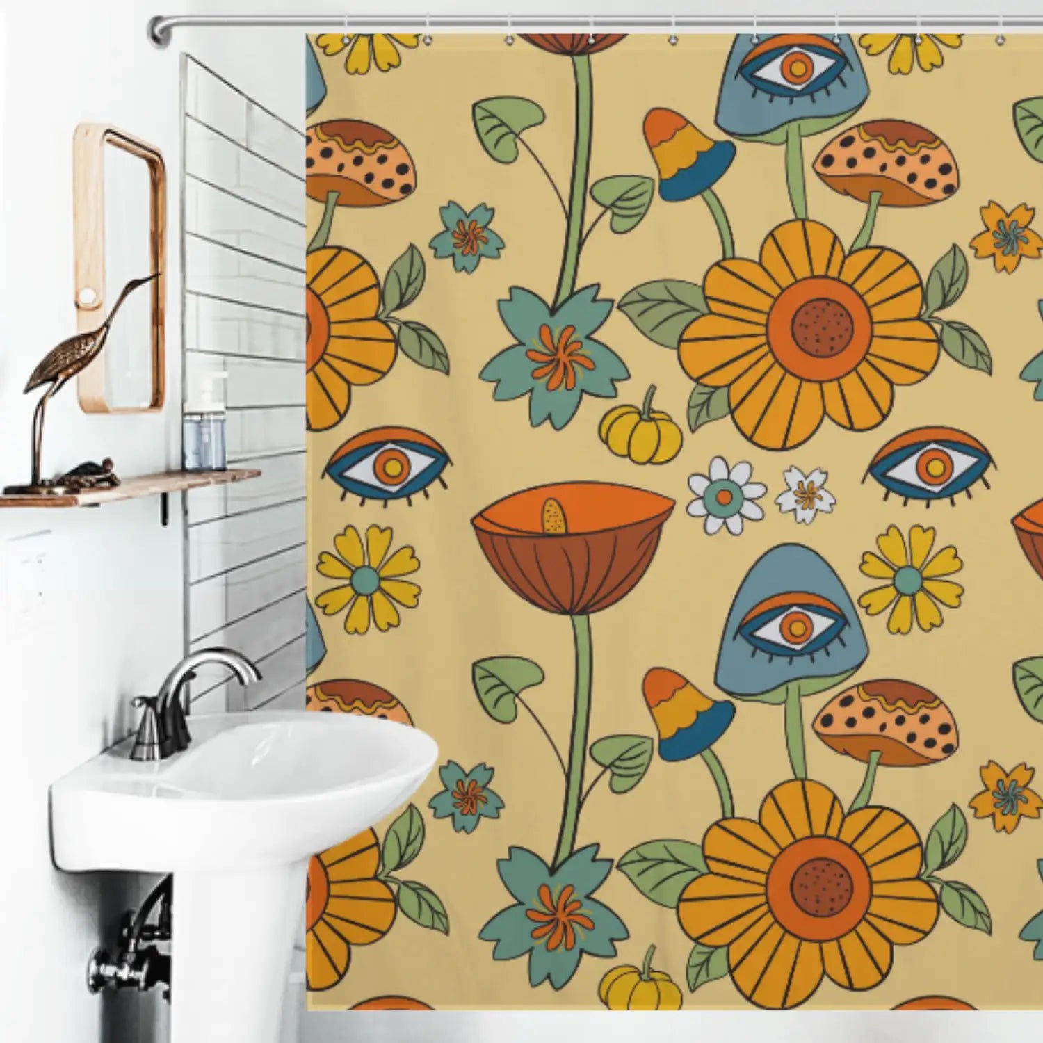 Transform your bathroom decor with the Mushroom Eye Flowers Shower Curtain by Cotton Cat. Instantly elevate your space into a tranquil oasis reminiscent of a beautiful garden. Indulge in the ultimate relaxation with Cotton Cat.