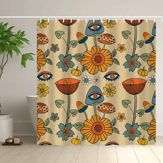 Elevate your bathroom decor with a unique Mushroom Eye Flowers Shower Curtain by Cotton Cat, adding a touch of horror movie inspired ambiance to your space.