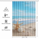 This Ocean Beach Starfish Seashell Shower Curtain by Cotton Cat features starfish and shells, making it a perfect addition to your bathroom decor.