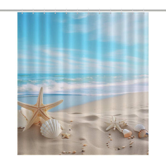 Coastal Ocean Beach Starfish Seashell Shower Curtain featuring starfish and shells on an ocean beach by Cotton Cat.