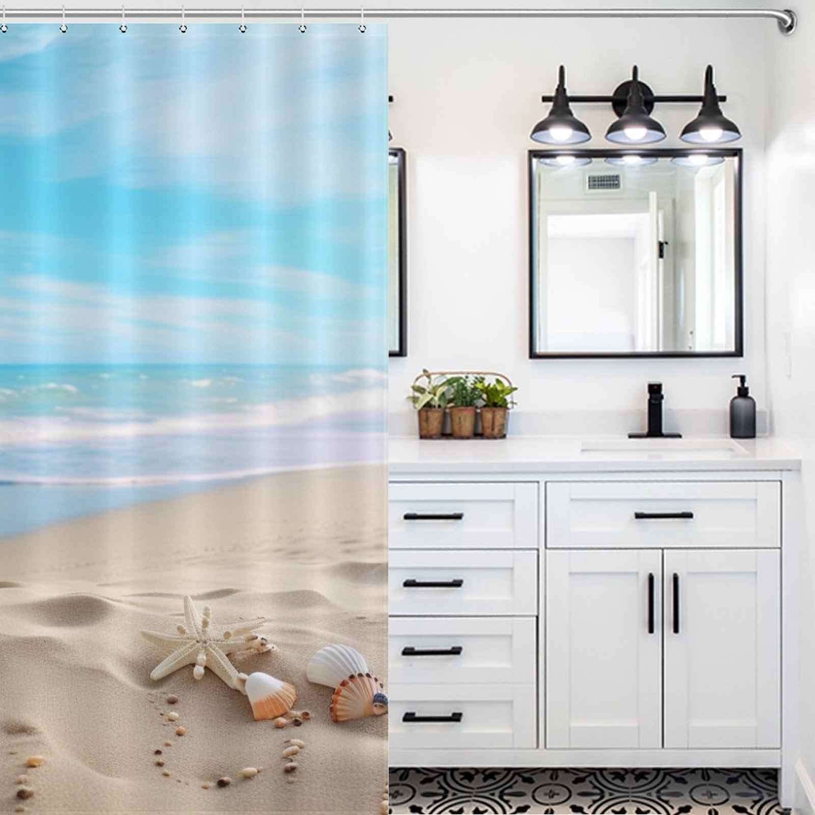 A bathroom with a Ocean Beach Starfish Seashell Shower Curtain from Cotton Cat.