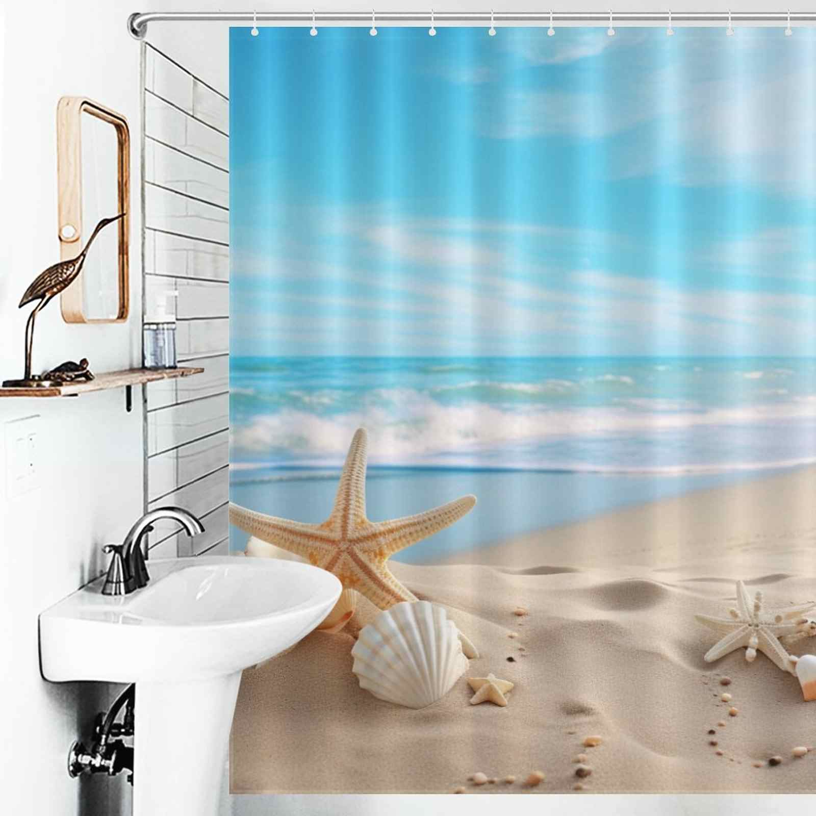 A beach-themed bathroom with a Ocean Beach Starfish Seashell Shower Curtain-Cottoncat by Cotton Cat.