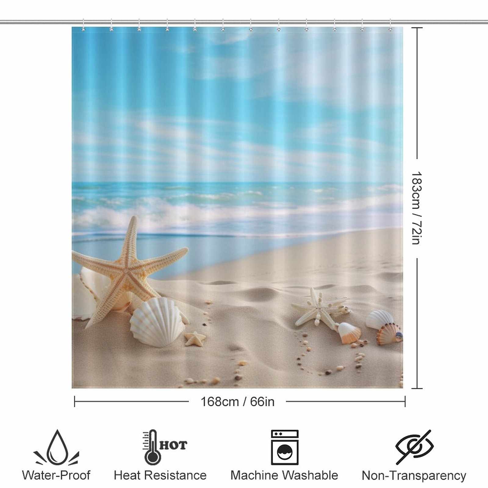 A coastal oasis-themed Ocean Beach Starfish Seashell Shower Curtain-Cottoncat, by Cotton Cat, featuring sea shells and starfish, evoking the serene beauty of the ocean.