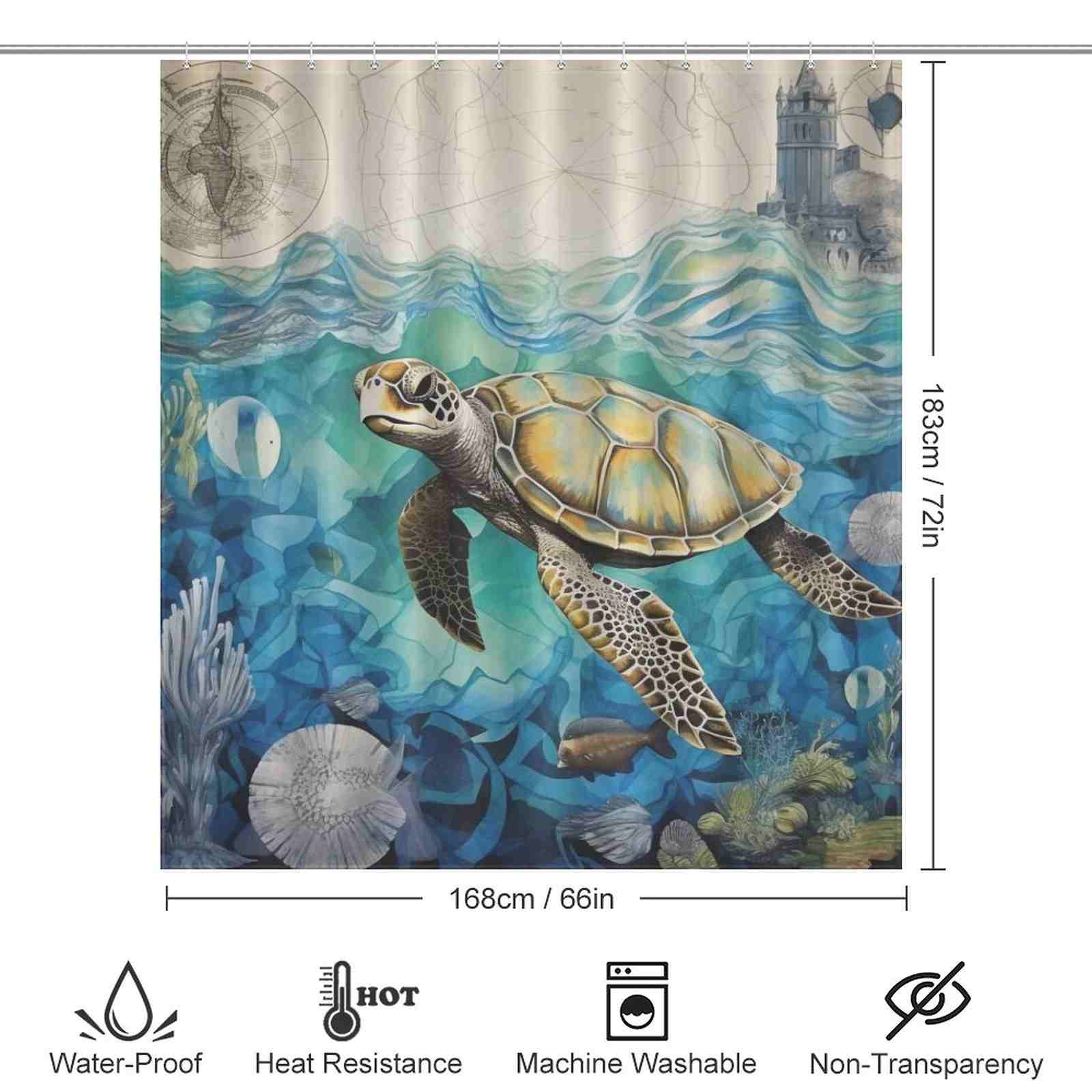 A Cotton Cat shower curtain with a captivating image of a sea turtle swimming in the serene ocean waters.