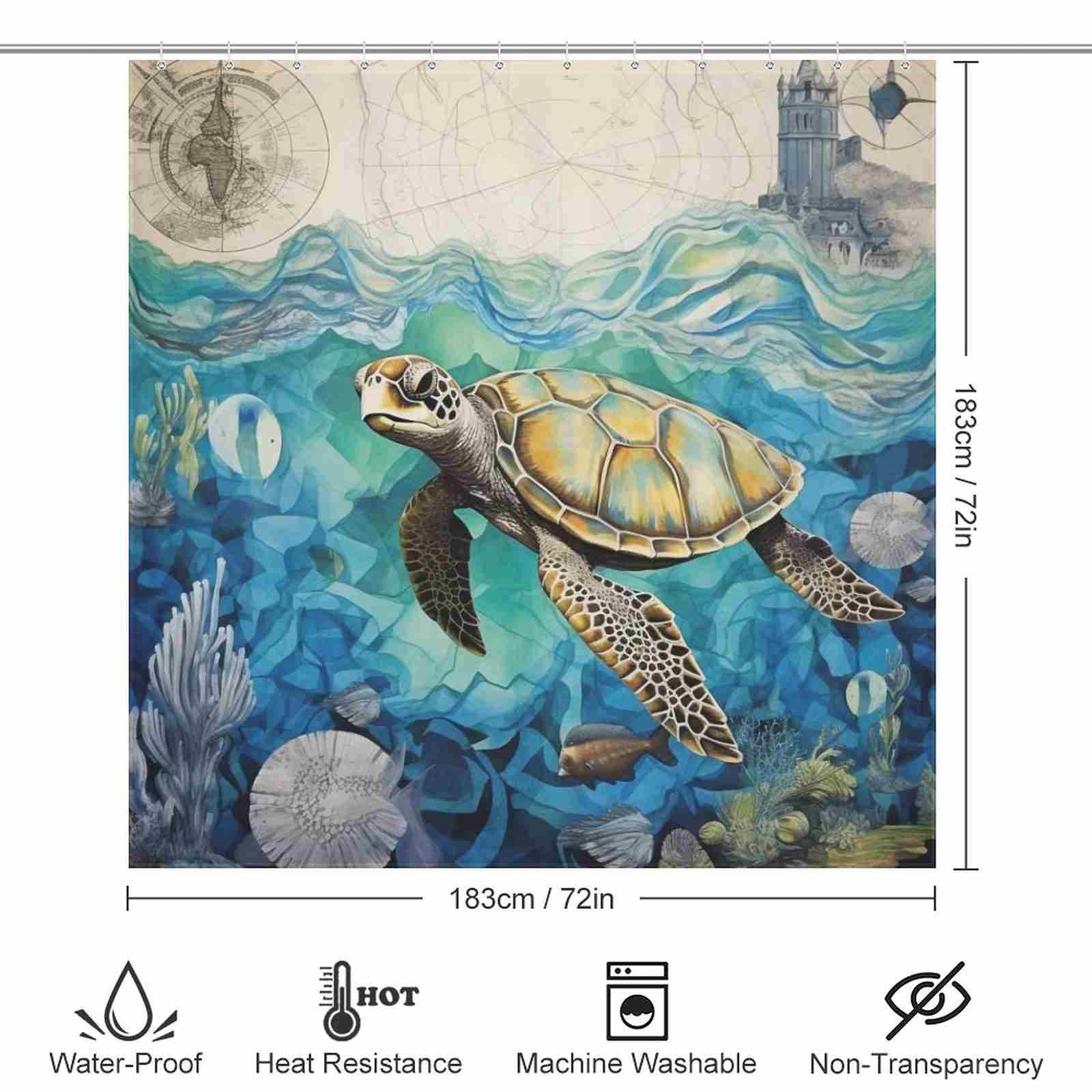 A painting of the Ocean Sea Turtle Seashell Shower Curtain - Cottoncat swimming in the ocean by Cotton Cat.