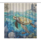 A Cotton Cat shower curtain with an image of a sea turtle swimming in the ocean, the Ocean Sea Turtle Seashell Shower Curtain.