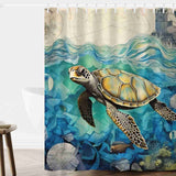 A Cotton Cat shower curtain featuring the Ocean Sea Turtle Seashell gracefully swimming in the ocean.