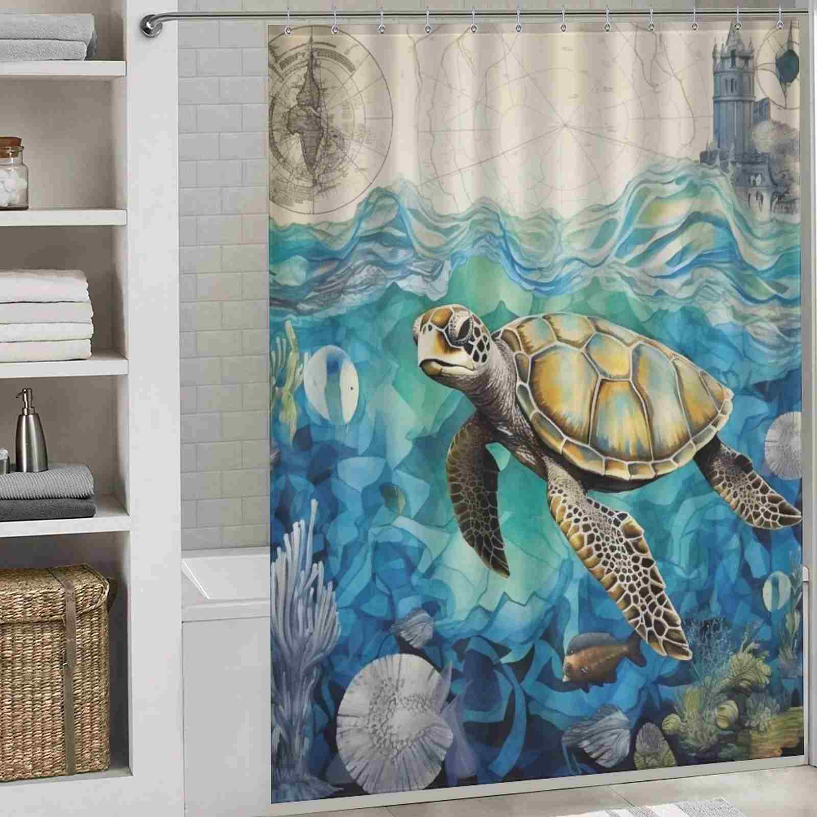 A Cotton Cat shower curtain featuring a mesmerizing image of a sea turtle swimming in the ocean.