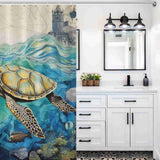 A bathroom adorned with a captivating Ocean Sea Turtle Seashell Shower Curtain from Cotton Cat.