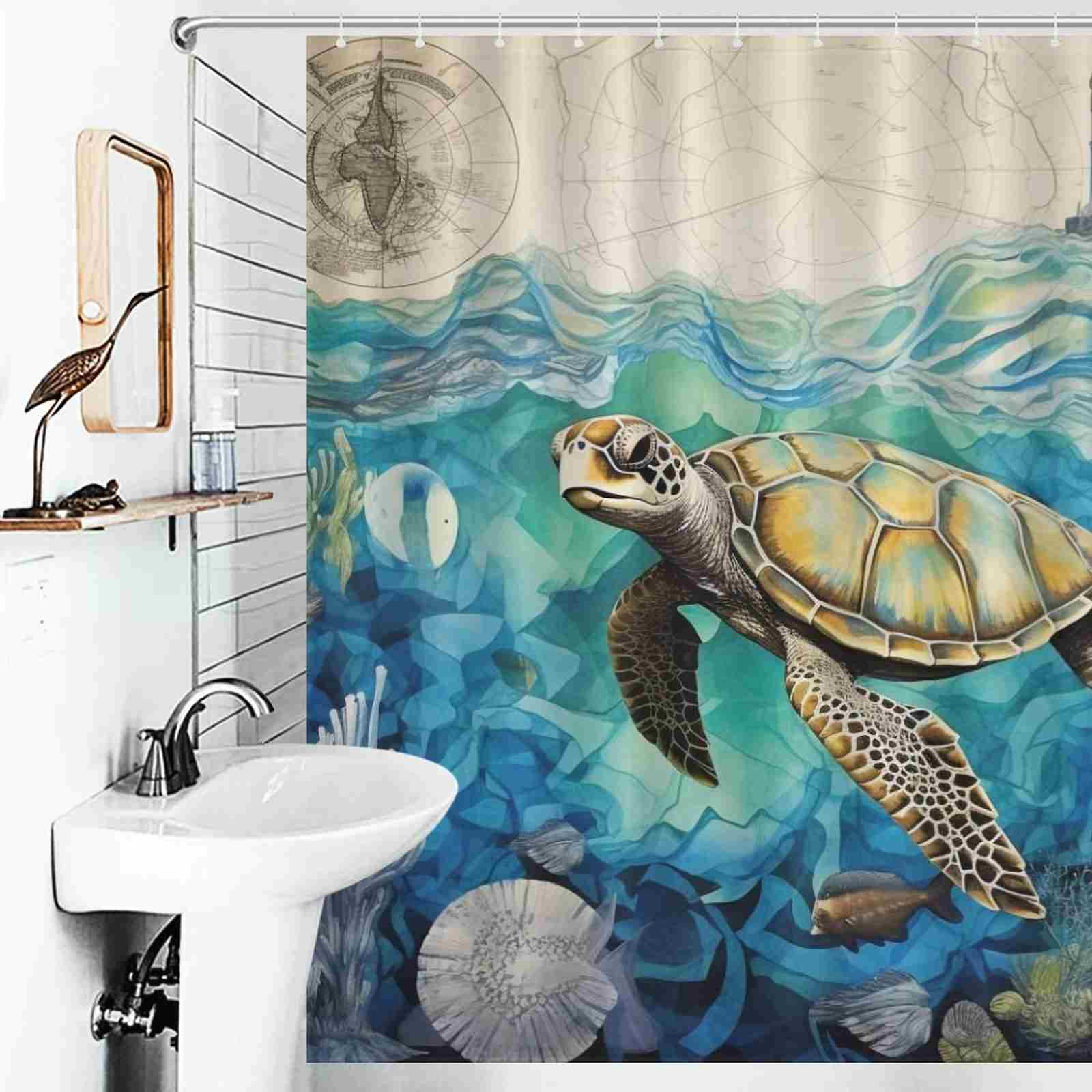 An Ocean Sea Turtle Seashell Shower Curtain by Cotton Cat.