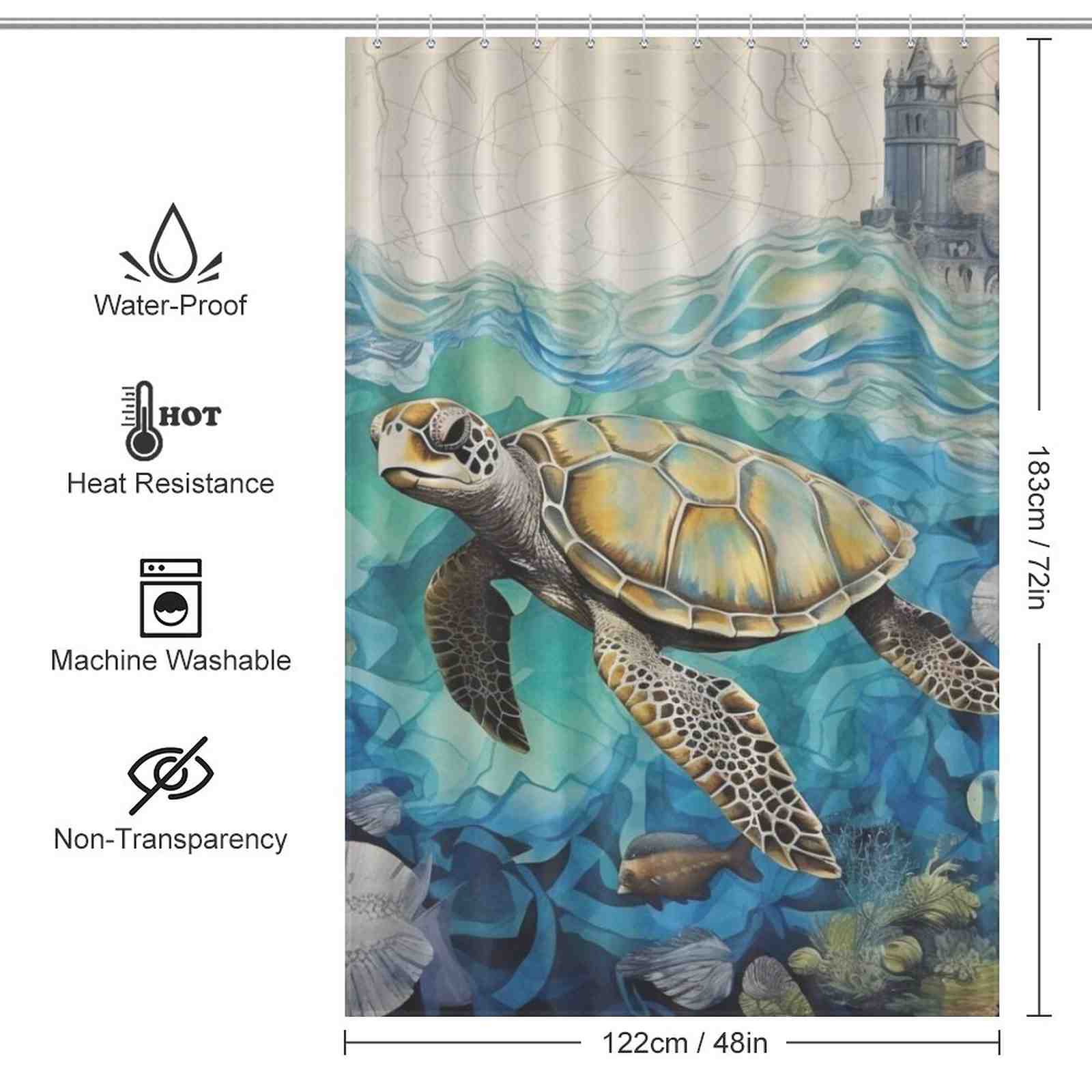 A stunning Cotton Cat Ocean Sea Turtle Seashell Shower Curtain featuring an elegant image of a sea turtle.