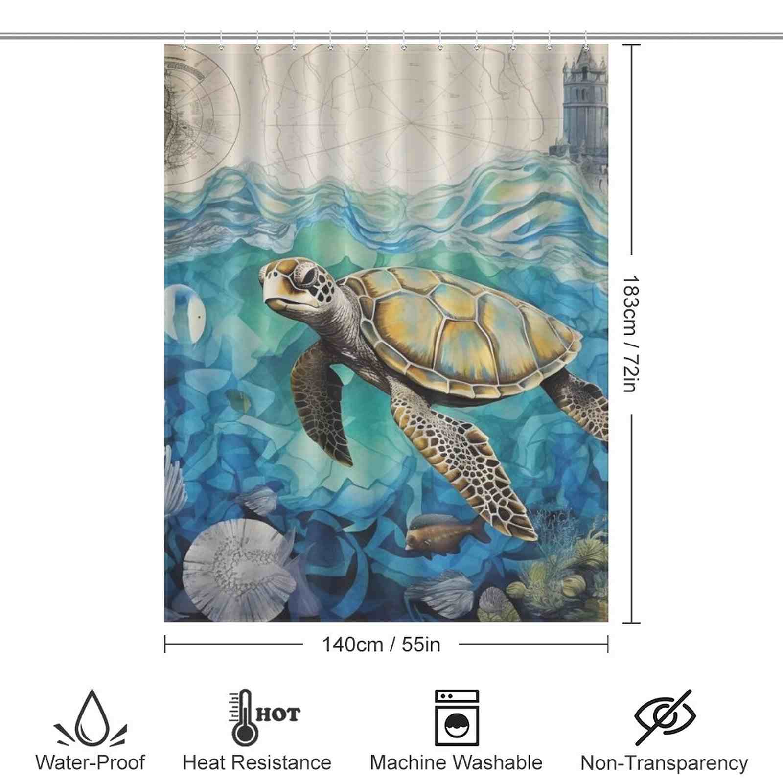 A Cotton Cat Ocean Sea Turtle Seashell Shower Curtain featuring an image of a sea turtle swimming in the ocean.