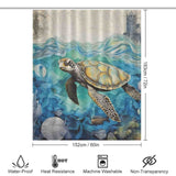 A Cotton Cat shower curtain featuring an image of a sea turtle, perfect for ocean-inspired bathroom decor.