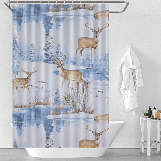 Peaceful Snow Deer Forest Winter Shower Curtain