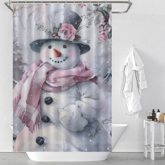 Pink Floral Cute Snowman Winter Shower Curtain
