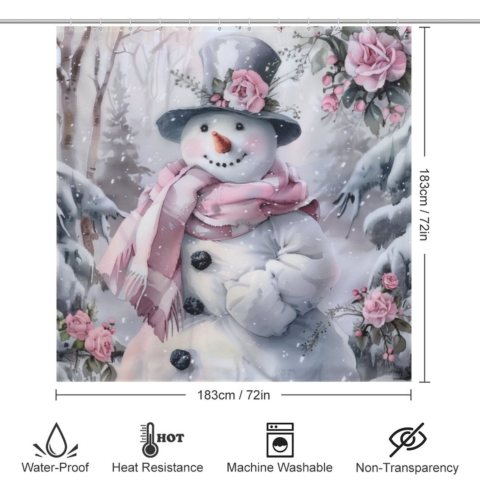Pink Floral Cute Snowman Winter Shower Curtain