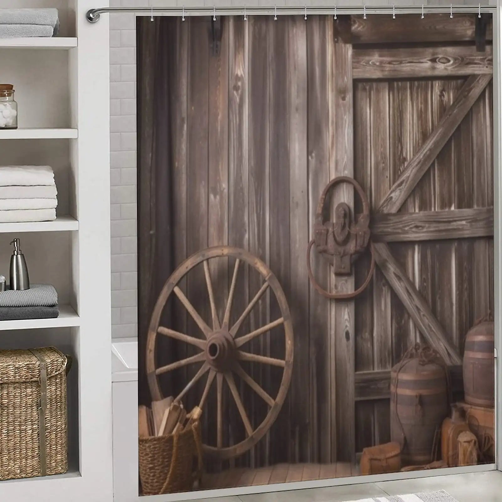 Add a touch of vintage elegance to your bathroom decor with this Rustic Barn Door Shower Curtain from Cotton Cat, featuring a wagon wheel motif.