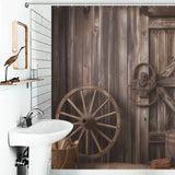 An elegantly decorated vintage bathroom with a Cotton Cat Rustic Barn Door Shower Curtain.