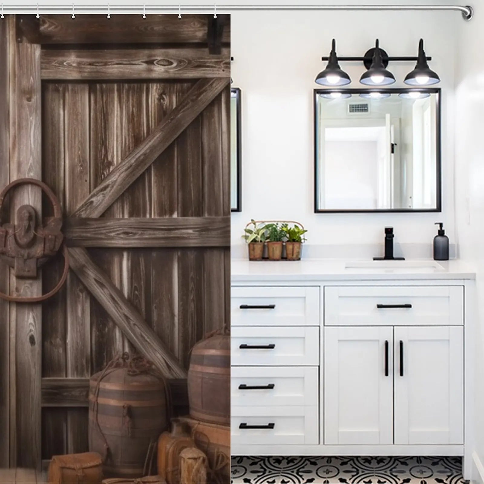 A bathroom with a Rustic Barn Door Shower Curtain by Cotton Cat and a wooden vanity.