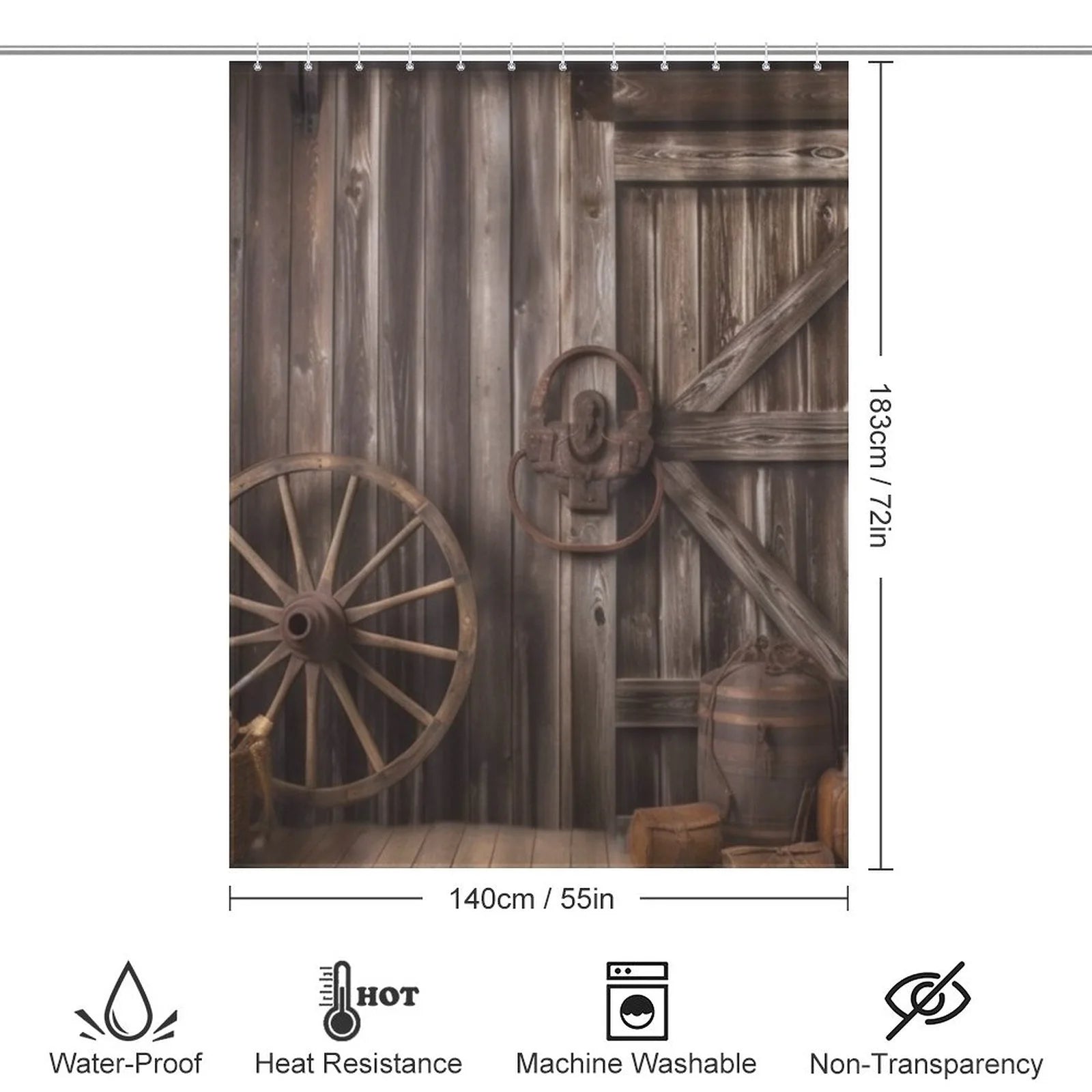 Add a touch of vintage elegance to your bathroom decor with the Rustic Barn Door Shower Curtain-Cottoncat by Cotton Cat. Featuring a wooden door and wheel, it combines the charm of old-world craftsmanship with a unique twist for