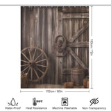 Enhance your bathroom decor with this Rustic Barn Door Shower Curtain-Cottoncat, featuring a vintage elegance and a unique wagon wheel design from the brand Cotton Cat.