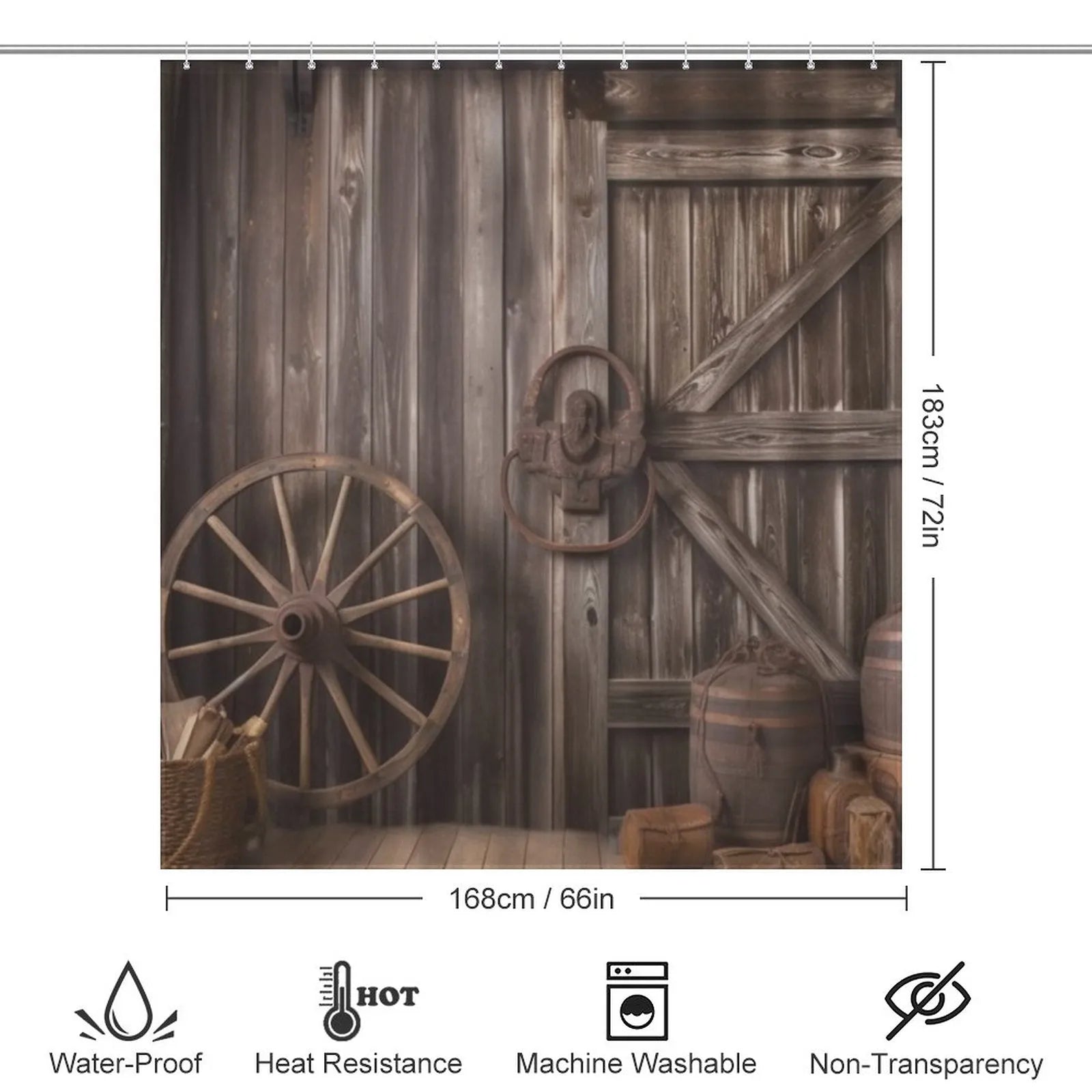 This Cotton Cat rustic barn door shower curtain brings a touch of vintage elegance to your bathroom decor. Featuring an old barn and wheel design, it adds charm and character to any space.