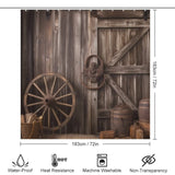 Embrace vintage elegance with the Rustic Barn Door Shower Curtain-Cottoncat by Cotton Cat, featuring a unique wooden door and a charming wagon wheel. Perfect for adding a touch of timeless charm to your bathroom decor.