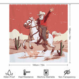 A Rustic Cowboy Santa Claus Shower Curtain by Cotton Cat with an image of a cowboy riding a horse.