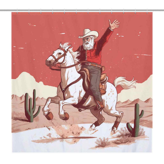 Rustic Cowboy Santa Claus on a Cotton Cat holiday desert shower curtain, riding a horse.