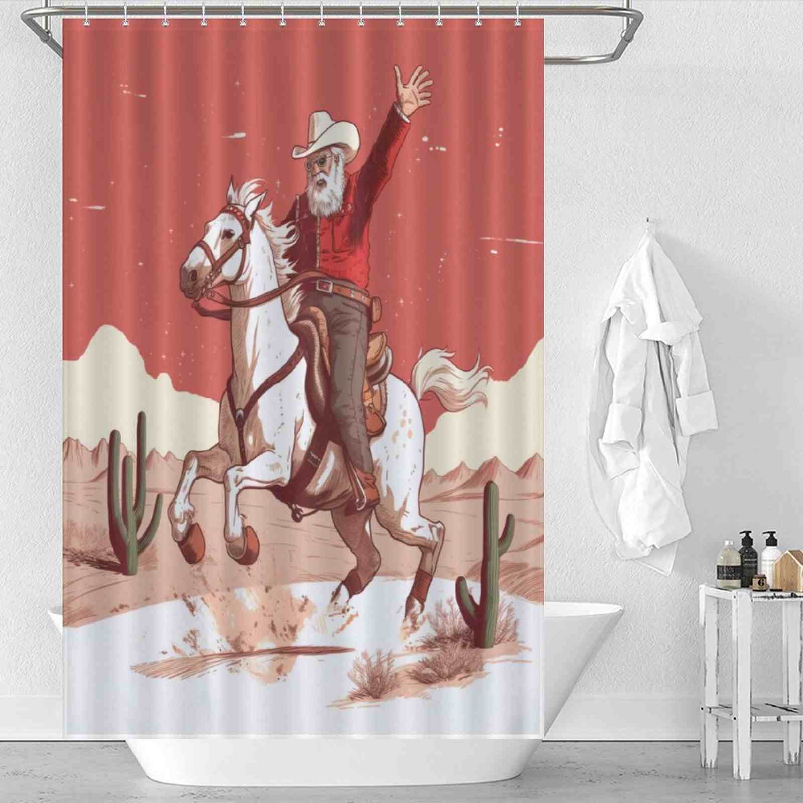 A Rustic Cowboy Santa Claus Shower Curtain by Cotton Cat, with a cowboy riding a horse.
