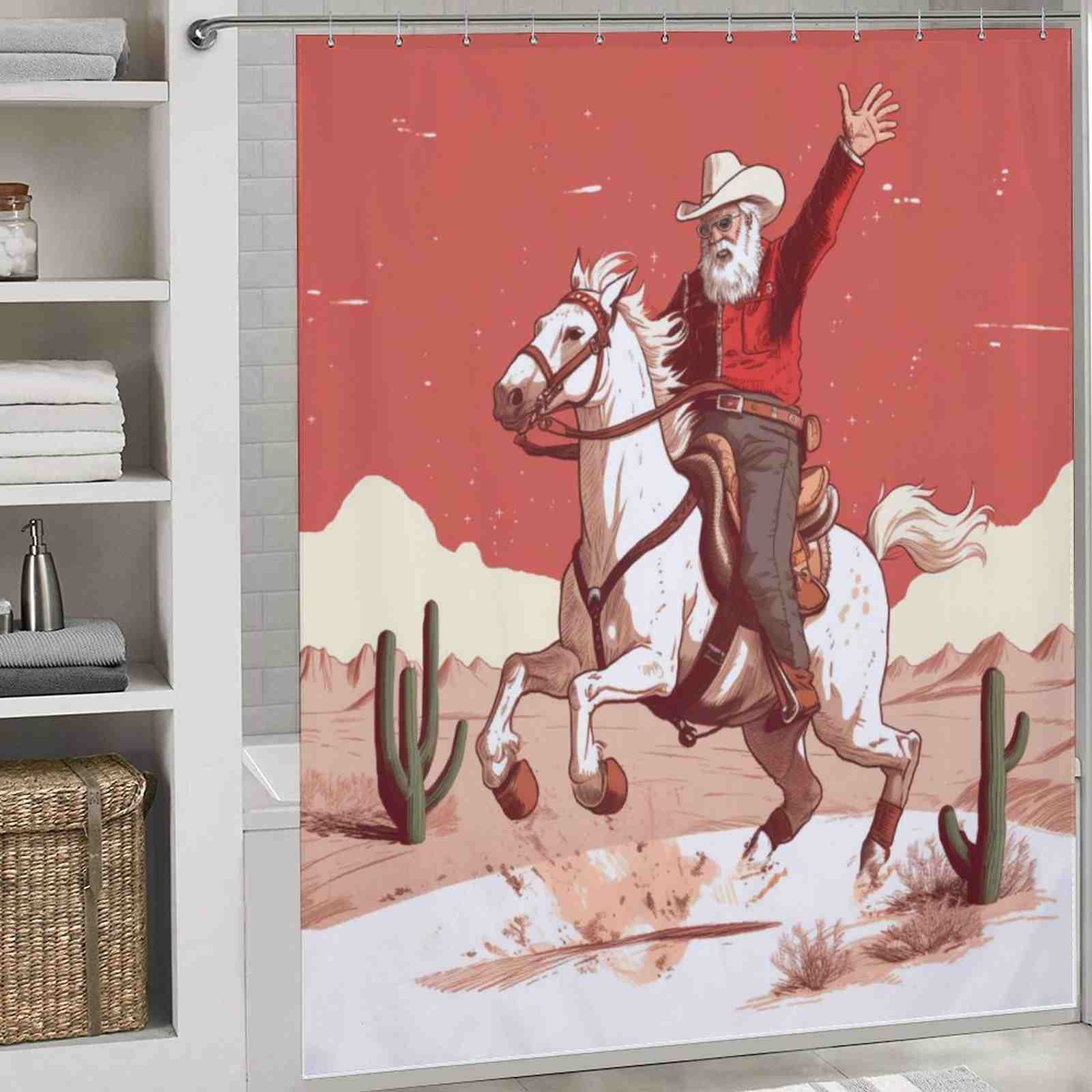 A Rustic Cowboy Santa Claus Shower Curtain featuring Santa Claus on a horse, perfect for the holiday season by Cotton Cat.
