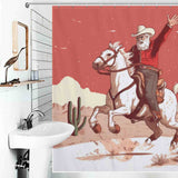 A Rustic Cowboy Santa Claus Shower Curtain from Cotton Cat with an image of a cowboy riding a horse.