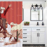 A rustic bathroom with a Cotton Cat Rustic Cowboy Santa Claus Shower Curtain featuring a cowboy riding a horse.