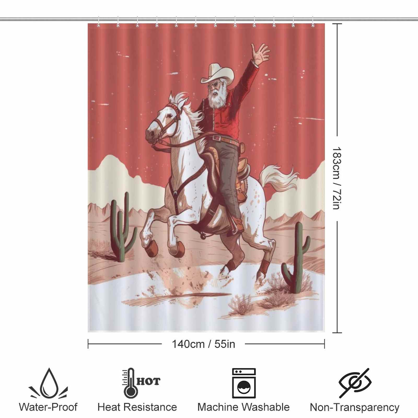 A Rustic Cowboy Santa Claus Shower Curtain featuring a cowboy riding a horse by Cotton Cat.