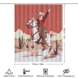 A Rustic Cowboy Santa Claus Shower Curtain by Cotton Cat with an image of a cowboy riding a horse.