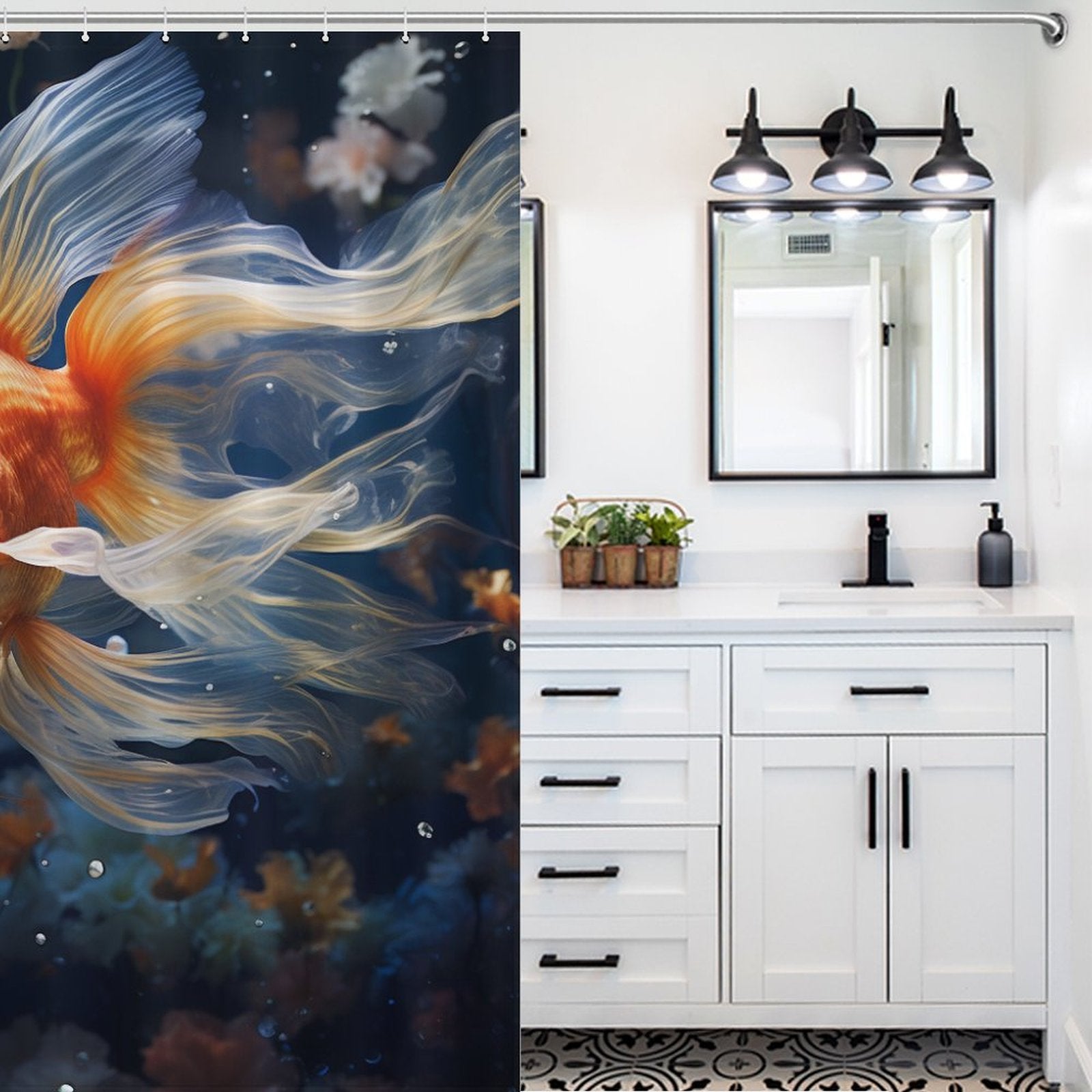 Serene Blue Depths Goldfish Shower Curtains 