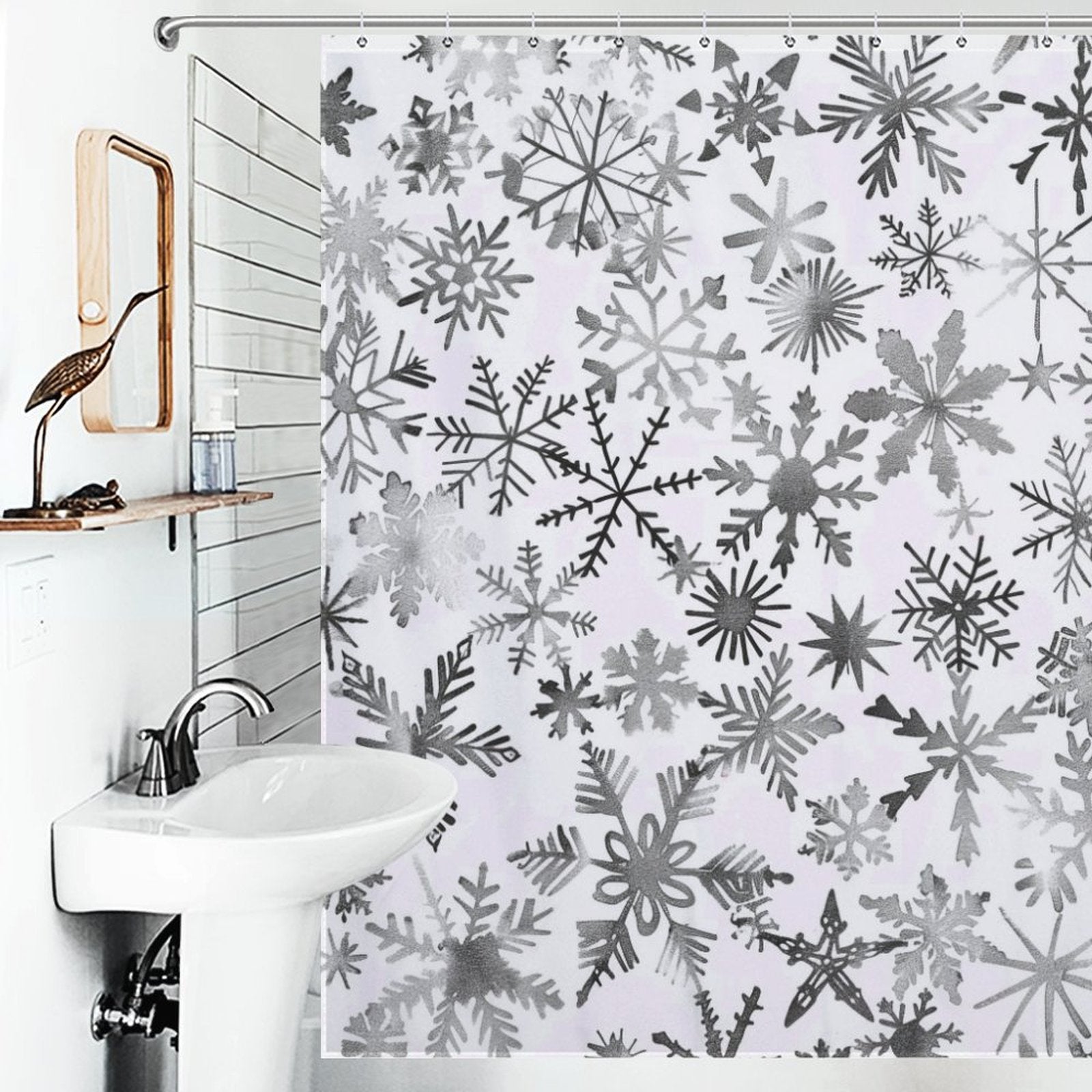 Silver Grey & White Snowflake Winter Shower Curtain