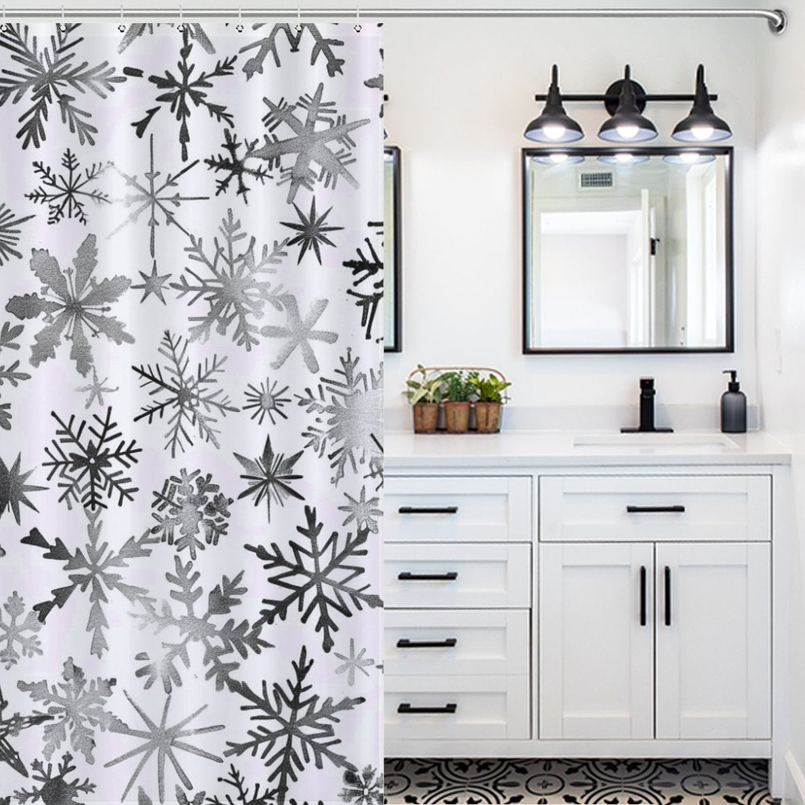 Silver Grey & White Snowflake Winter Shower Curtain