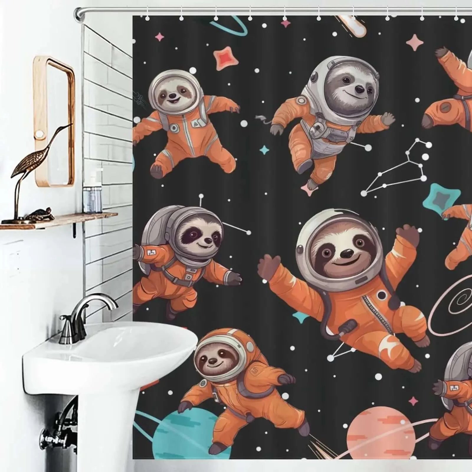 Add a touch of whimsy to your bathroom decor with this durable Sloth Astronauts Shower Curtain by Cotton Cat.