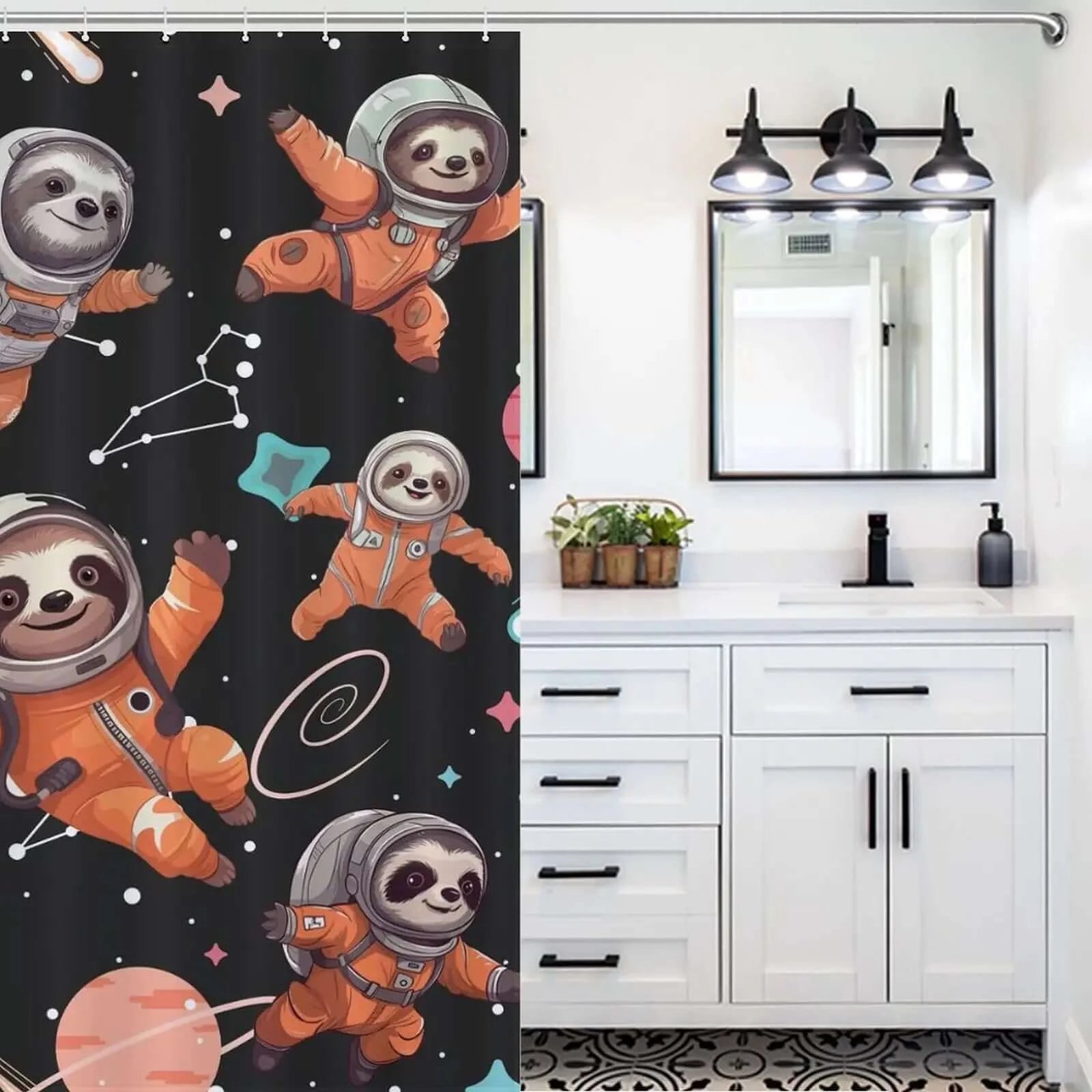 A bathroom with a durable and whimsy Sloth Astronauts shower curtain by Cotton Cat.