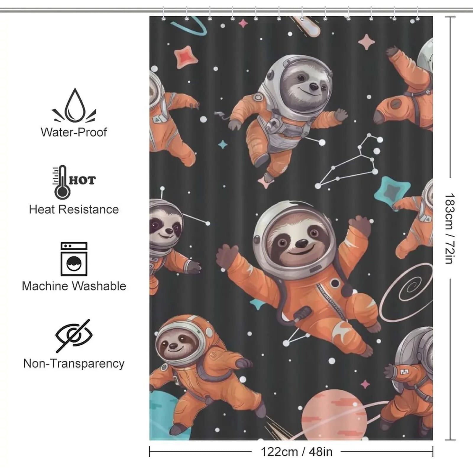 This Sloth Astronauts Shower Curtain-Cottoncat, designed by Cotton Cat, features adorable sloths and astronauts and is designed to be durable for long-lasting use.